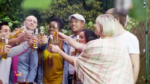 Amigos divirtiéndose en barbacoa al aire libre — Vídeo de stock