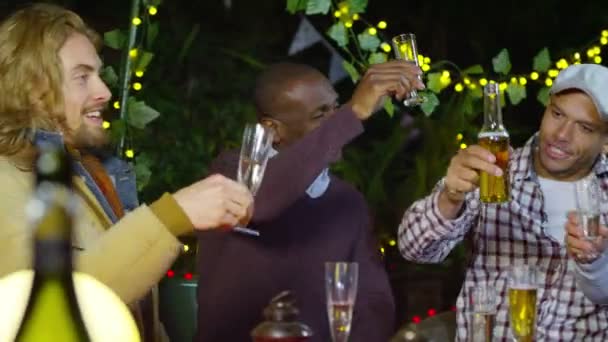 Erkek arkadaşlar içecekler kadeh kaldırmak için Kaldır — Stok video