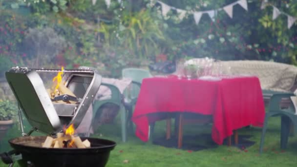 Escena de fiesta con barbacoa en llamas — Vídeo de stock