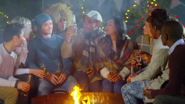 Friends socializing in front of open fire — Stock Video