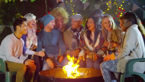 Friends socializing in front of open fire — Stock Video