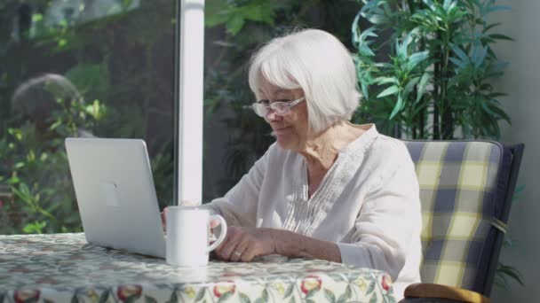 Senior dame met laptopcomputer — Stockvideo