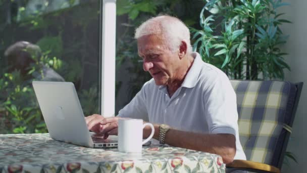 Gentleman i vinterträdgården med bärbar dator — Stockvideo