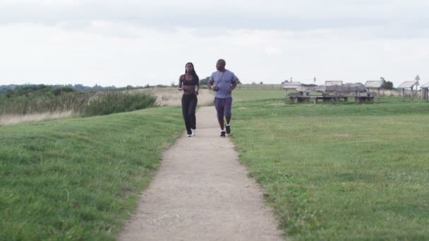 Man och kvinna joggar i parken — Stockvideo