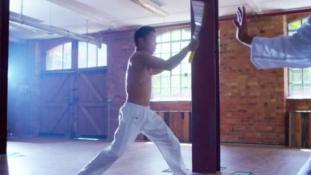 Luchador de artes marciales utiliza nunchaku — Vídeo de stock