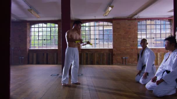 Martial arts teacher praktijken met nunchaku — Stockvideo