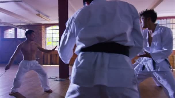 Πολεμικών τεχνών μαχητής χρησιμοποιεί nunchaku — Αρχείο Βίντεο