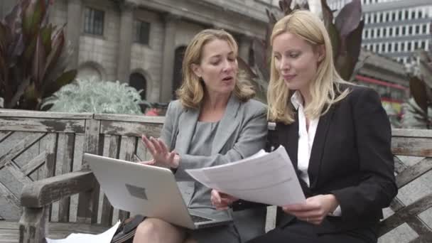 Деловые женщины с ноутбуком обсуждают бизнес — стоковое видео