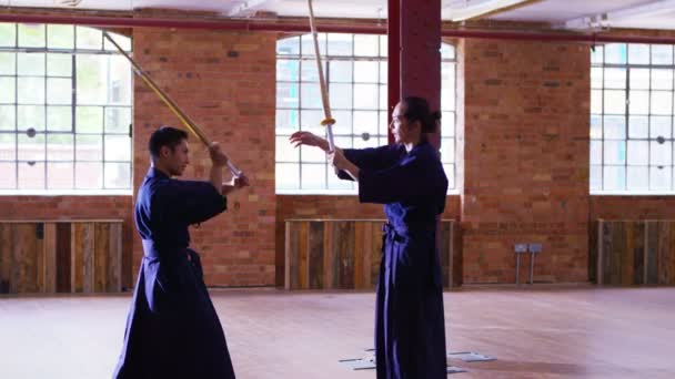 Japanse strijders opleiding met zwaarden — Stockvideo