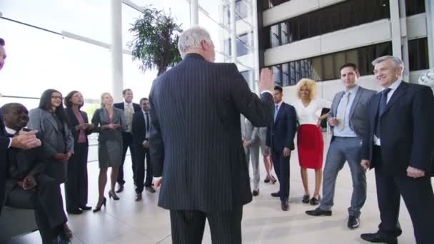 Бізнес команда потискає руки з босом — стокове відео