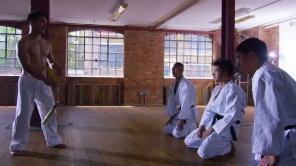 Pratiche insegnante di arti marziali con nunchaku — Video Stock