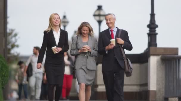 Homem de negócios e mulheres de negócios caminhando por uma cidade — Vídeo de Stock