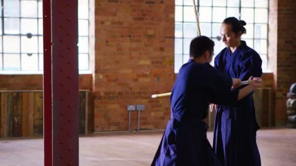 Japanska fighters utbildning med svärd — Stockvideo