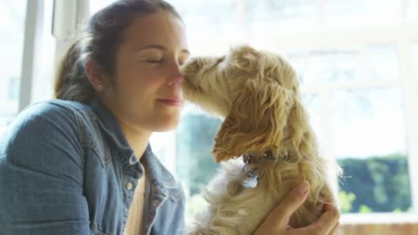 女性の子犬と自宅でリラックス — ストック動画