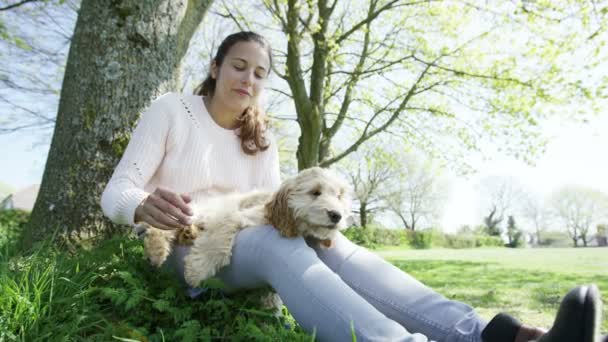 Женщина отдыхает в парке с щенком — стоковое видео