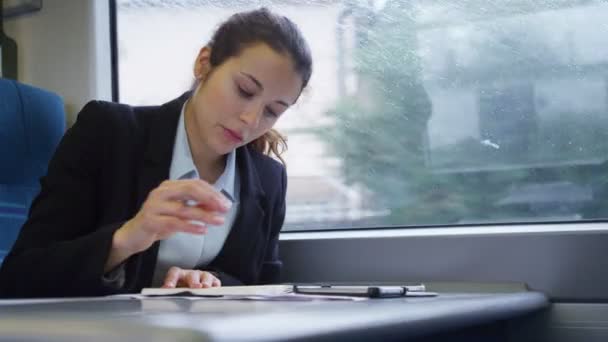 Business woman working on train — стоковое видео