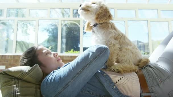 Mulher relaxante em casa com cachorro — Vídeo de Stock