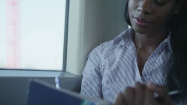 Kobieta interesu pracy podczas jazdy pociągiem — Wideo stockowe