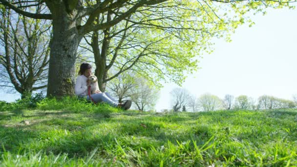女人放松和小狗在公园 — 图库视频影像