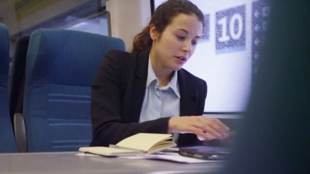 Zakenvrouw zich voorbereidt op de trein uitstappen — Stockvideo