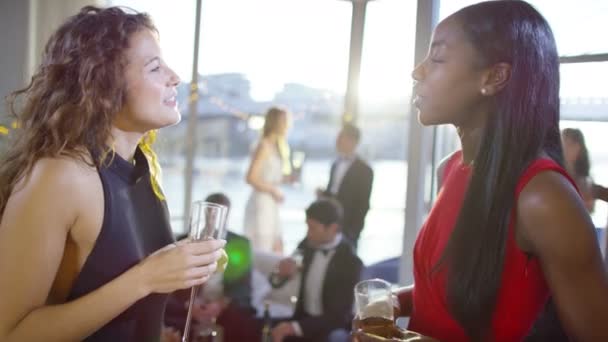 Vrouwelijke vrienden chatten en drinken champagne — Stockvideo