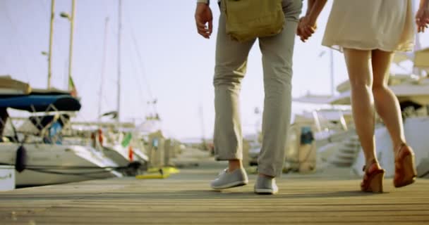 Paar kijken naar de boten in de haven — Stockvideo