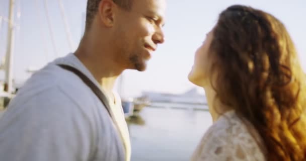 Пара смотрит на лодки в гавани — стоковое видео