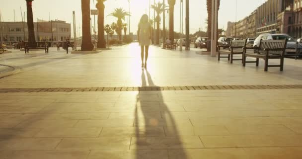 Vrouw die door de stad loopt — Stockvideo