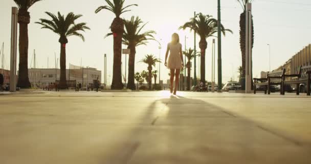 Mujer caminando por la ciudad — Vídeos de Stock