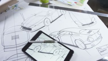 bilgisayar tablet ile otomotiv tasarım çizimleri