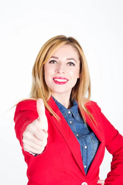 Portrait of young businesswoman showing hand ok sign — Stock Photo, Image