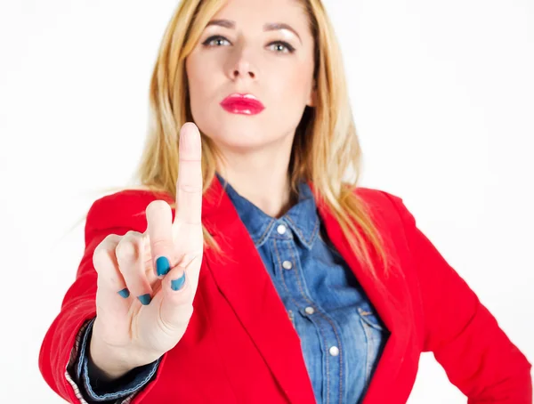 Portrait of beautiful businesswoman touching on empty space in f — Stock Photo, Image