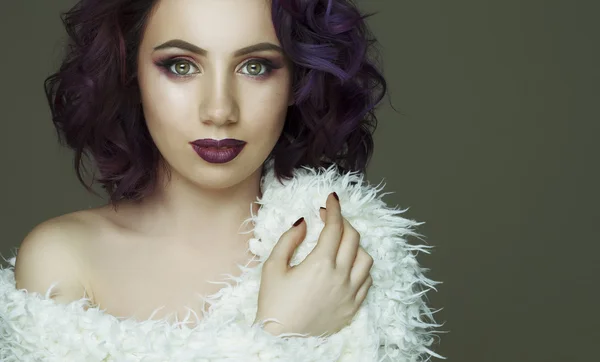 Portrait of beautiful fashion model with violet hair — Stok Foto