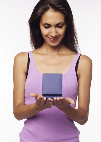 Young woman with present box in hands — Stock Photo, Image