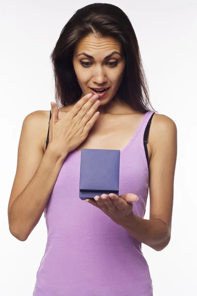 Young woman with present-box in hands Royalty Free Stock Images