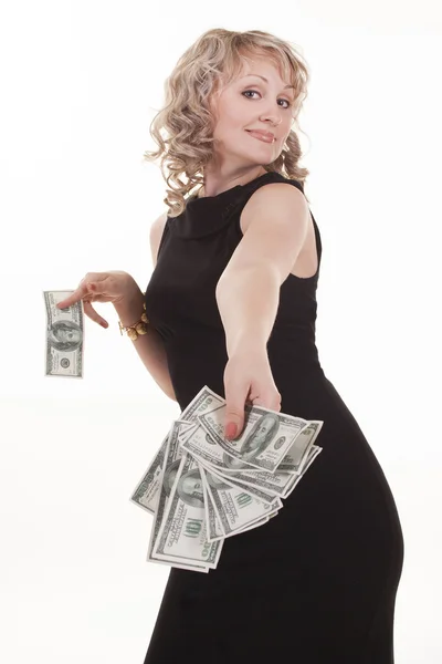 Young woman holding dollars — Stock Photo, Image