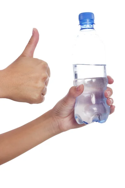Garrafa de água na mão mostrando sinal ok mão — Fotografia de Stock