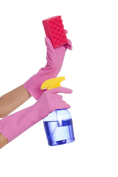 Hands holding sprayer and cleaning sponge — Stock Photo, Image