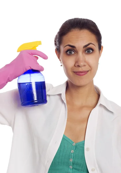 Pretty woman with cleaning sprayer — Stock Photo, Image