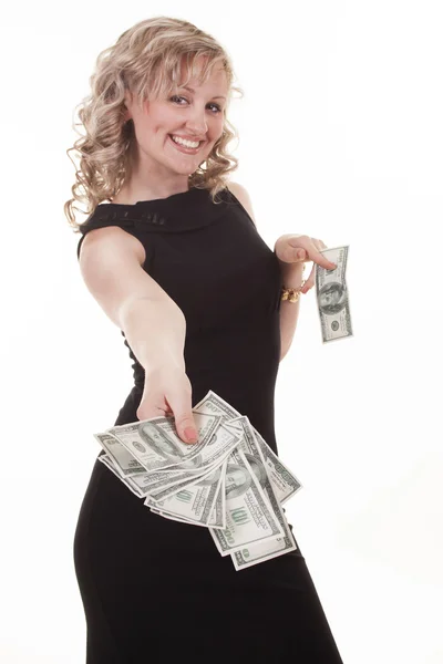 Young woman holding dollars — Stock Photo, Image