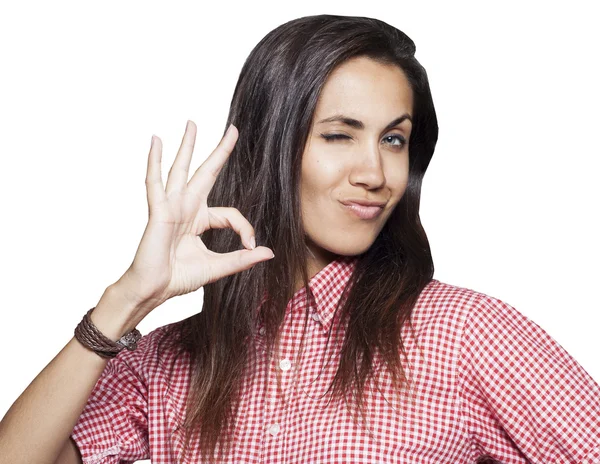 Mujer joven mostrando la mano ok signo — Foto de Stock