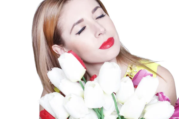 Portrait of young beautiful woman with flowers — Stock Photo, Image