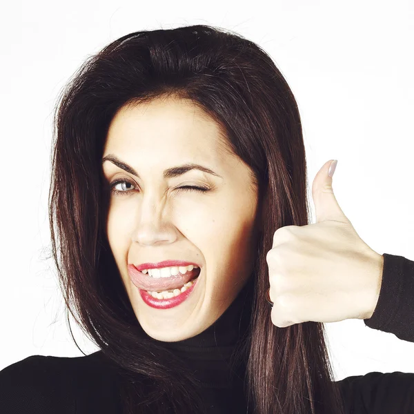 Young beautiful woman showing hand ok sign — Stock Photo, Image