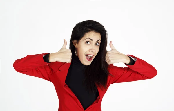 Portrait of young beautiful business woman showing showing hand — Stock Photo, Image