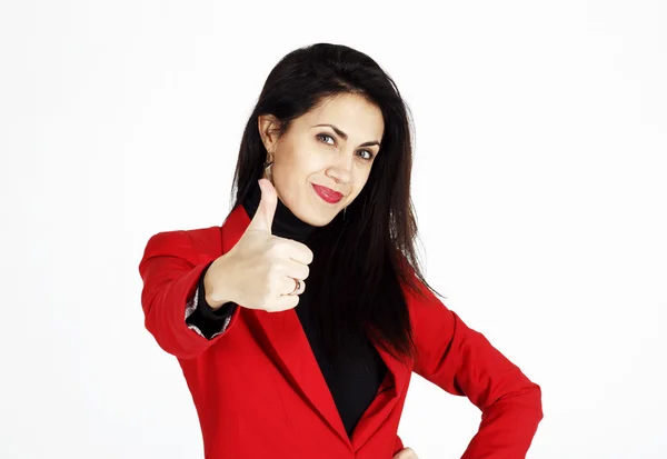 Portrait of young beautiful business woman showing showing hand — Stock Photo, Image