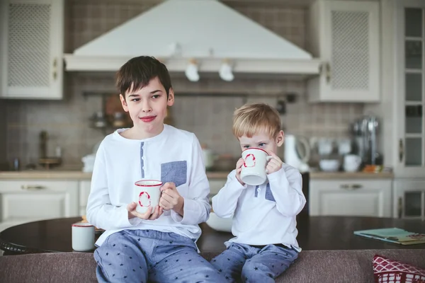 young brothers in identical pajamas holding mugs of milk sitting on a sofa