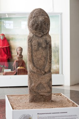 Monumental stone sculpture found in the Ural Mountains, Russia. Exhibition in Chelyabinsk