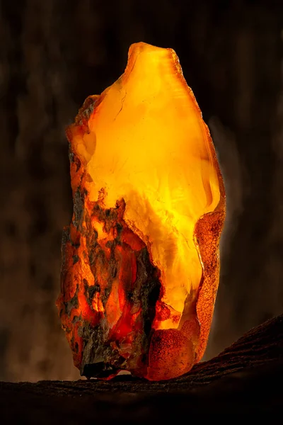 Beauty of natural raw amber. A piece of yellow opaque natural amber on large piece of dark stoned wood. — Stock Photo, Image