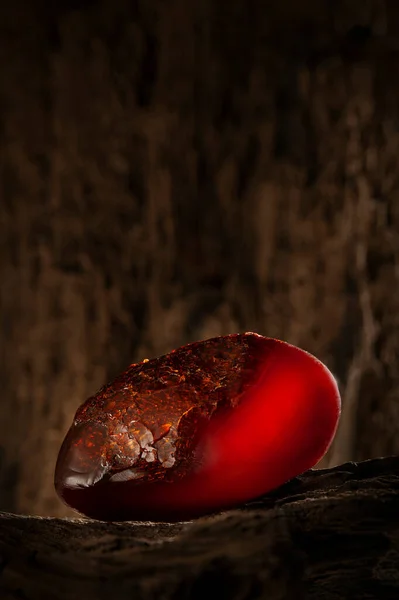 Belleza de ámbar crudo natural. Un pedazo de ámbar natural semitransparente rojo oscuro sobre un pedazo de madera apedreada. — Foto de Stock