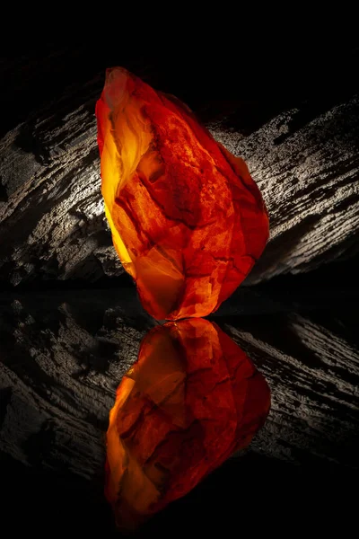 Beauty of natural raw amber. A piece of yellow-red transparent natural amber on piece of stoned wood — Stock Photo, Image